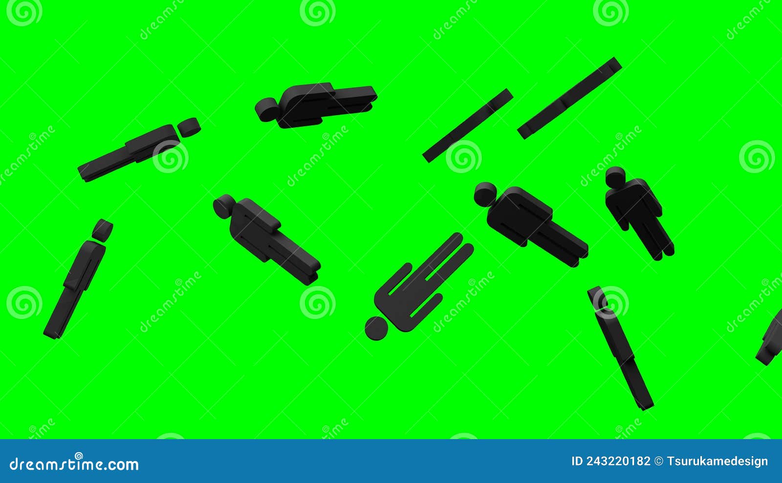 black human d objects on green chroma key background.