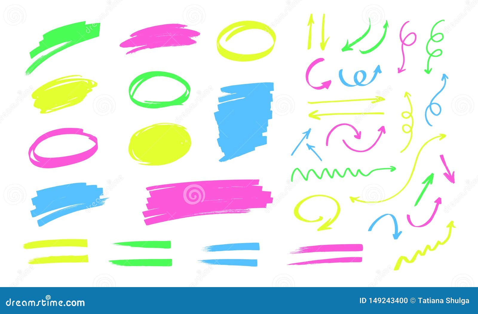 colorful highlighter doodles  on white background. frames for text, lines and arrows drawn with markers.