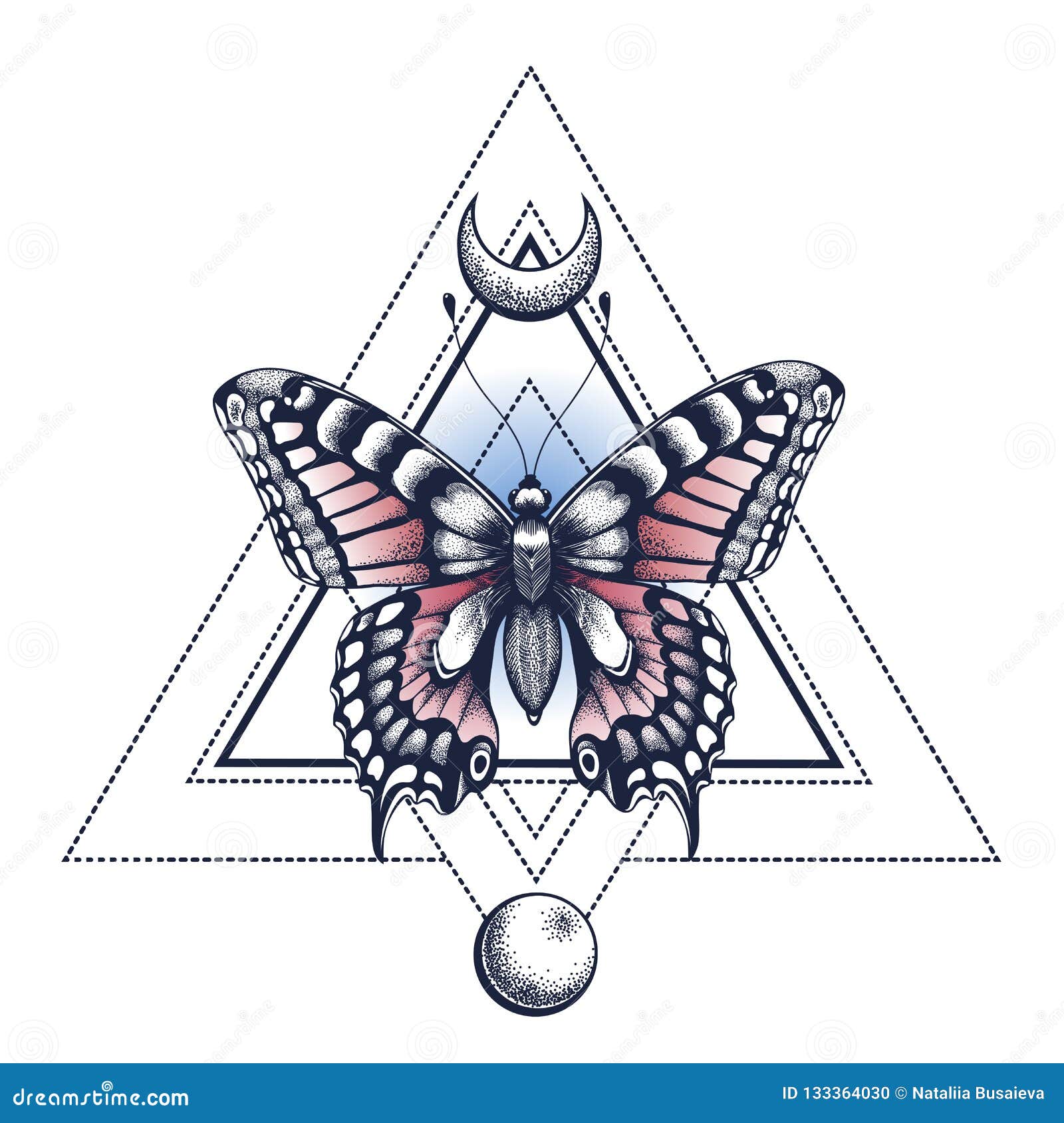 Black Ink Butterfly Pyramid Half Moon And Moon Tattoo Design Mystical Symbol Of Soul Immortality Rebirth Stock Vector Illustration Of Beautiful Magic