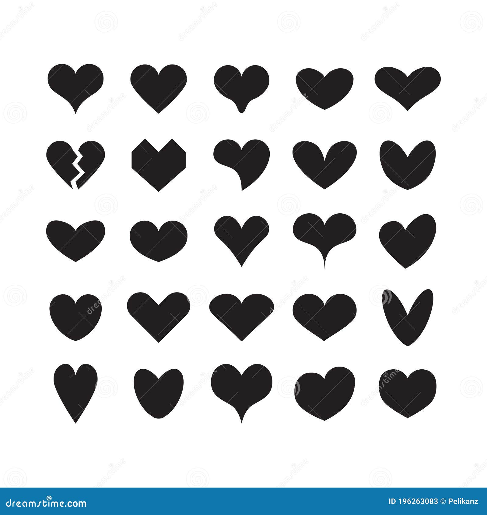 black ink cute silhouette and  different beautiful heart s icons set on white