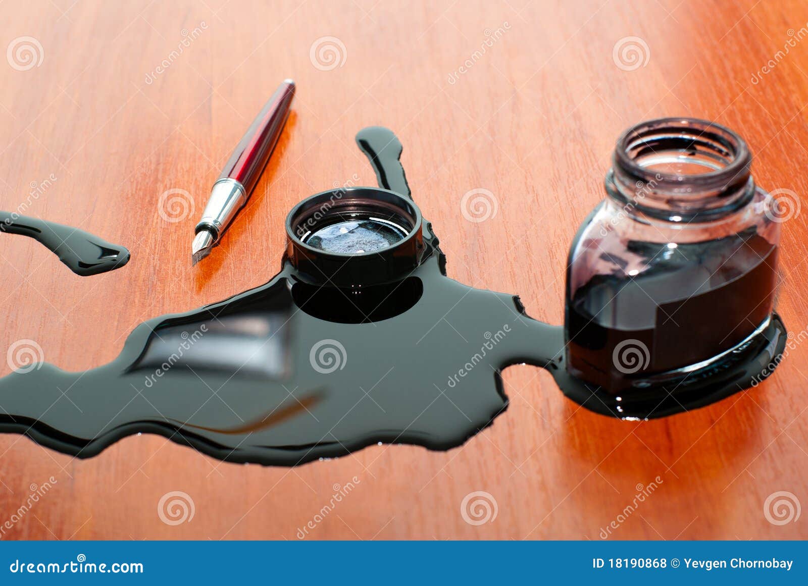 Black Ink Spill Near Red Pen on Table Stock Photo Image of feather