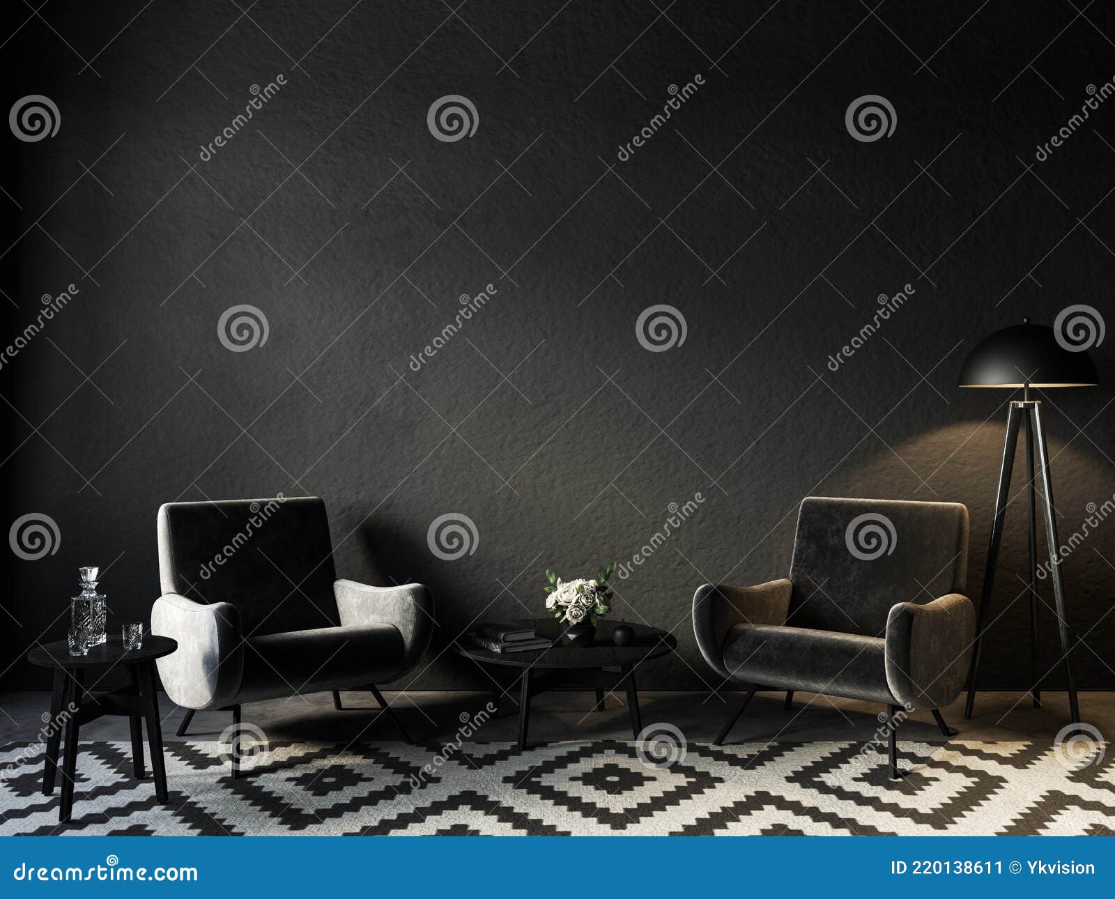 Black Interior with Velour Armchairs, Carpet and Decor. Stock