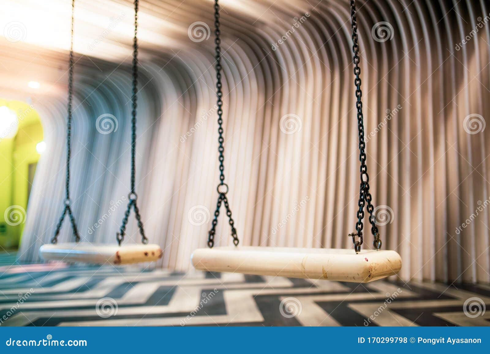 Black Iron Chain, Hanging White Swings Inside the Empty Room.shallow