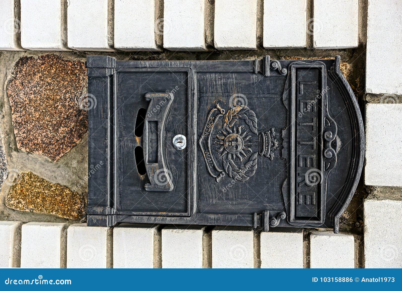 Black Iron Mailbox on a Brick Wall Stock Photo Image of ancient
