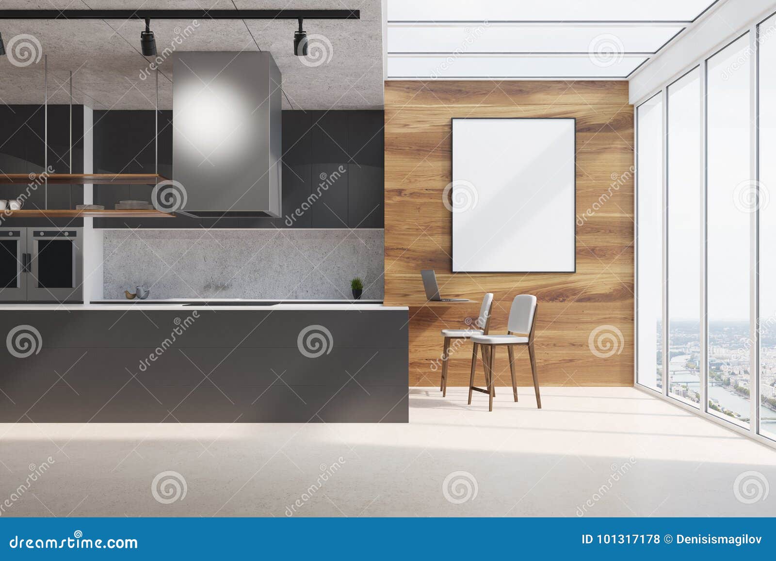 Black Kitchen Counter Wood And Concrete Poster Stock