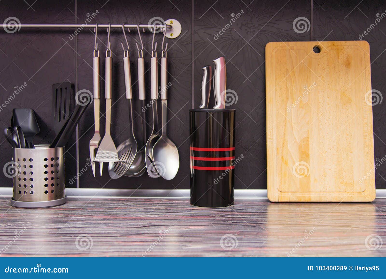 Black Kitchen with Kitchen Utensils Stock Image Image of hanging