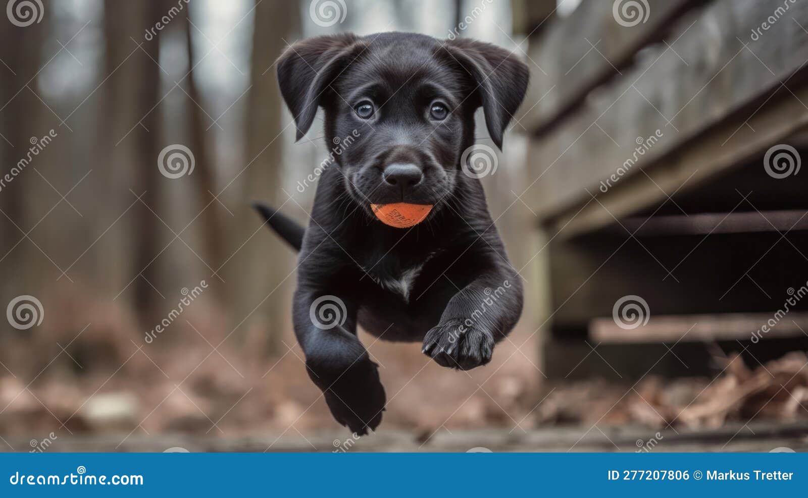 A Black Lab Puppy Jumping Up To Catch a Ball Created with Generative AI