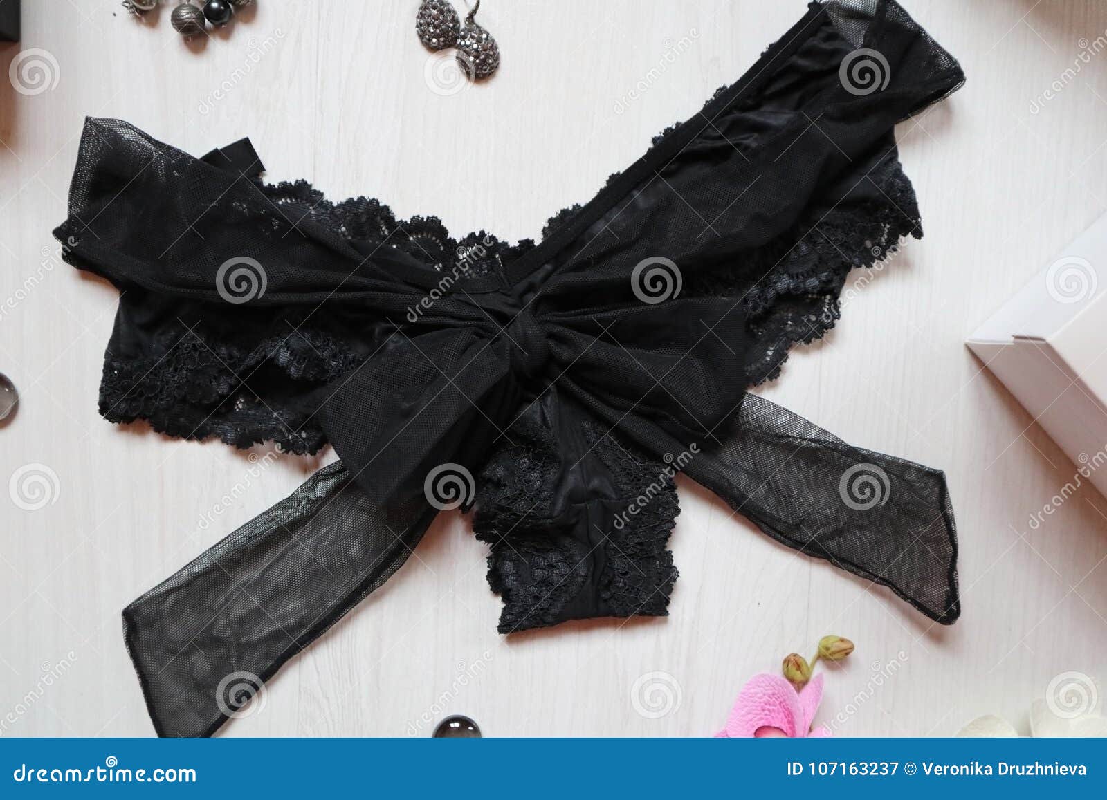 Black Lace Panties with Big Bow on a White Background. Women`s a Stock  Image - Image of background, womens: 107163237