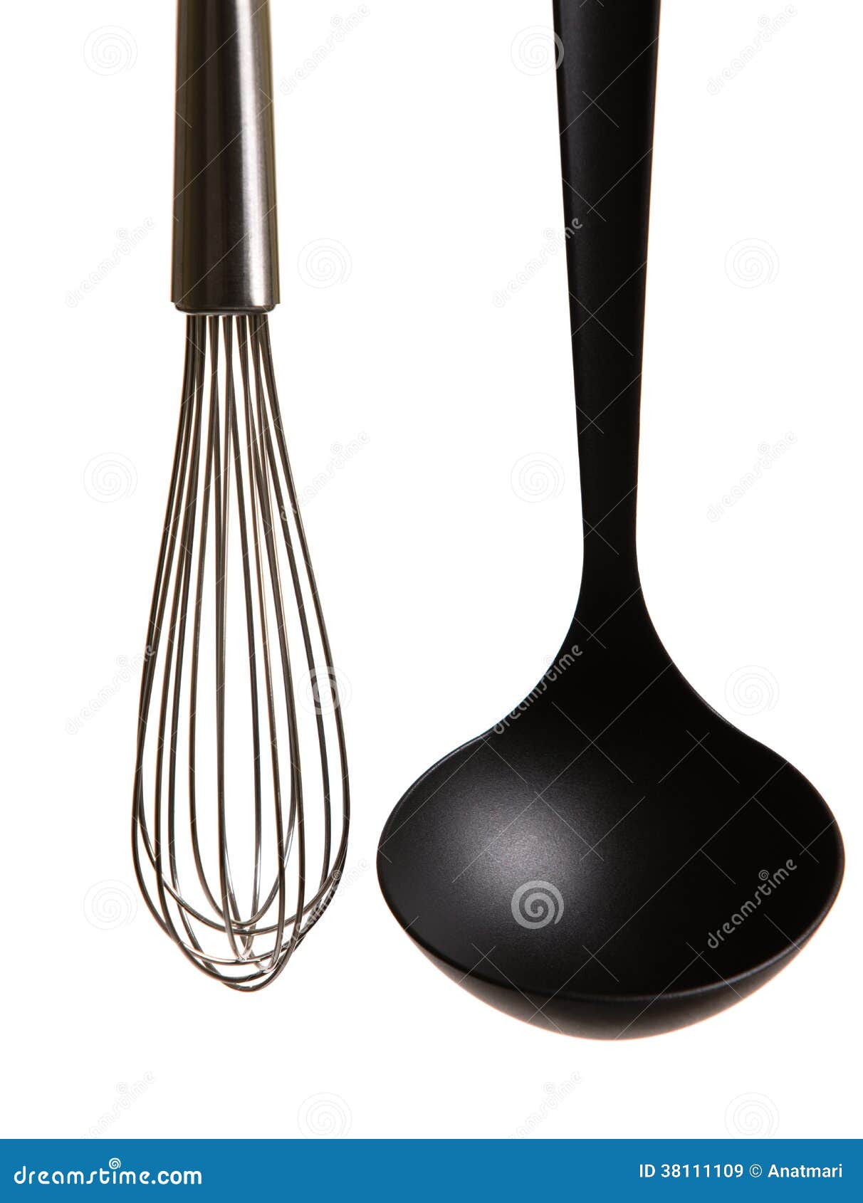 Black Ladle and Metallic Whisk on the White Background. Stock Image