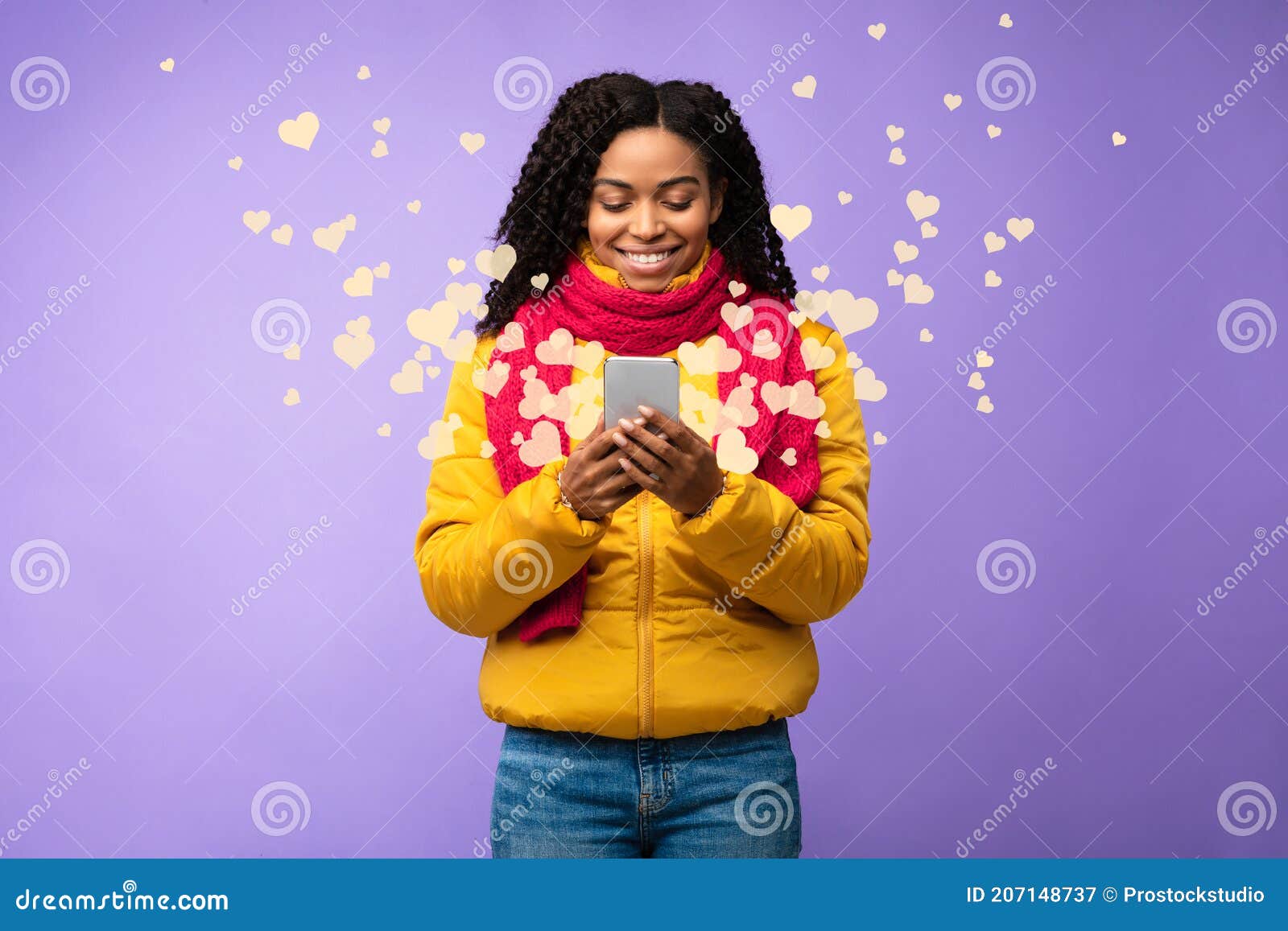 black lady texting on cellphone with like buttons, purple background