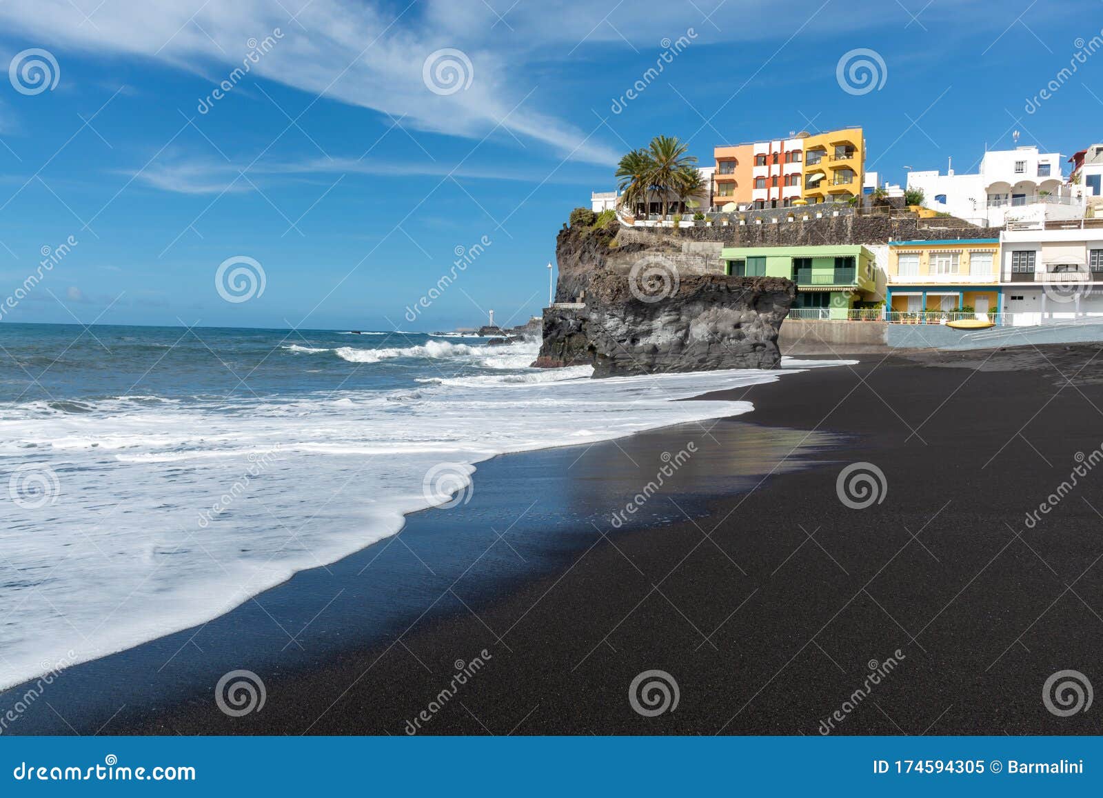 black lava sand beach in puerto naos, la palma, canarian islands, spain