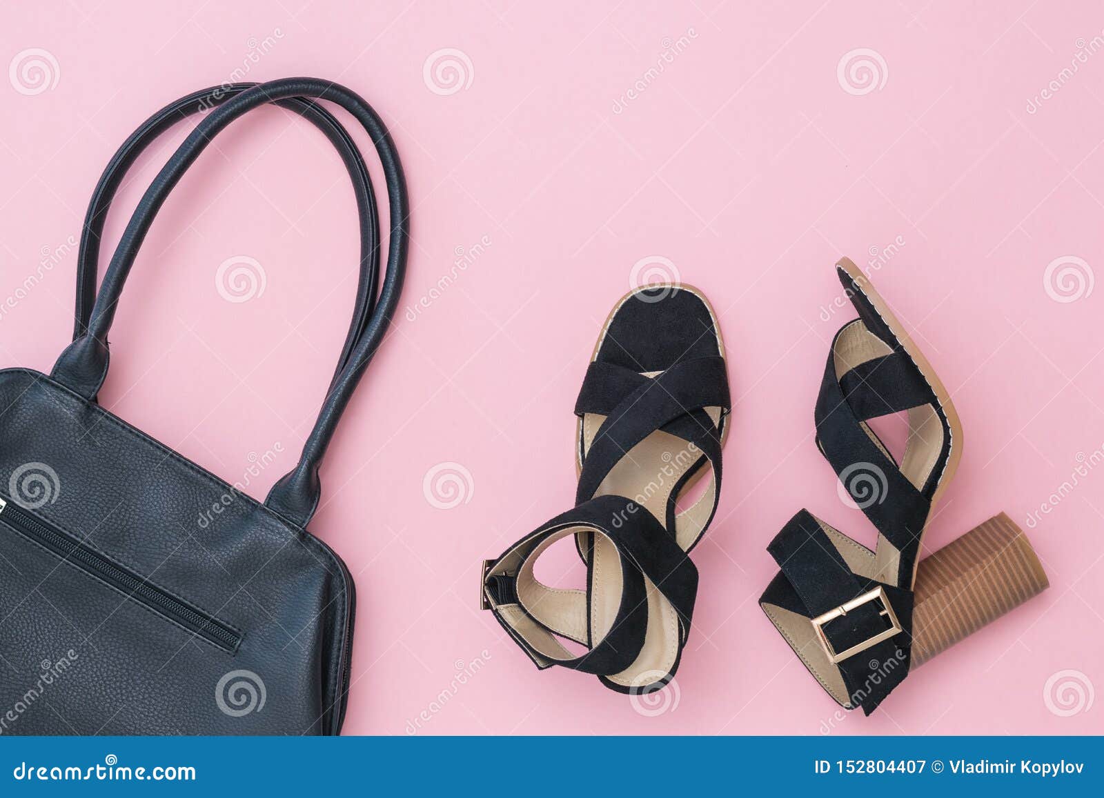 Black Leather Bag and Fashionable Summer Women`s Shoes on Pink ...