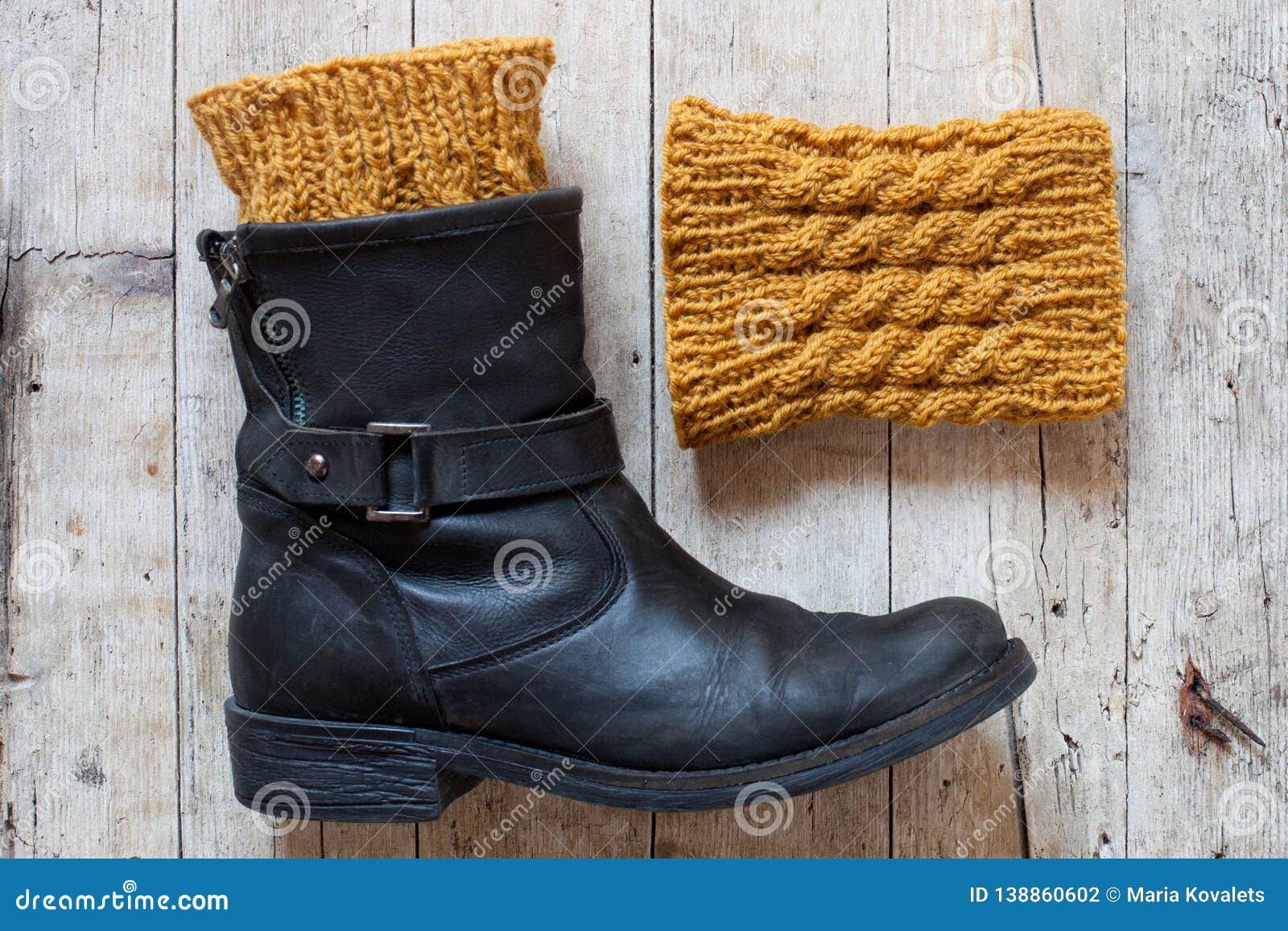 black leather boot and knitted wood legwarmers