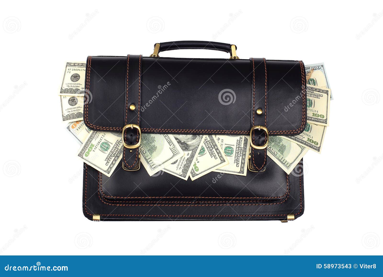 Black Leather Briefcase with Dollars Isolated on White Backgroun Stock