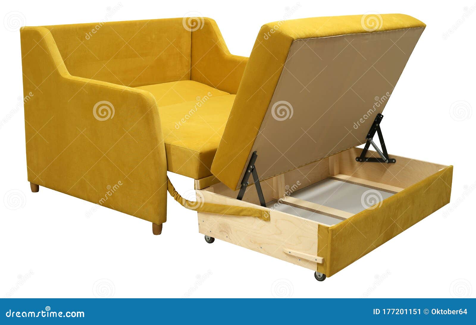 Black Leather Sofa. Sofa Isolated on White Background. Opened Storage