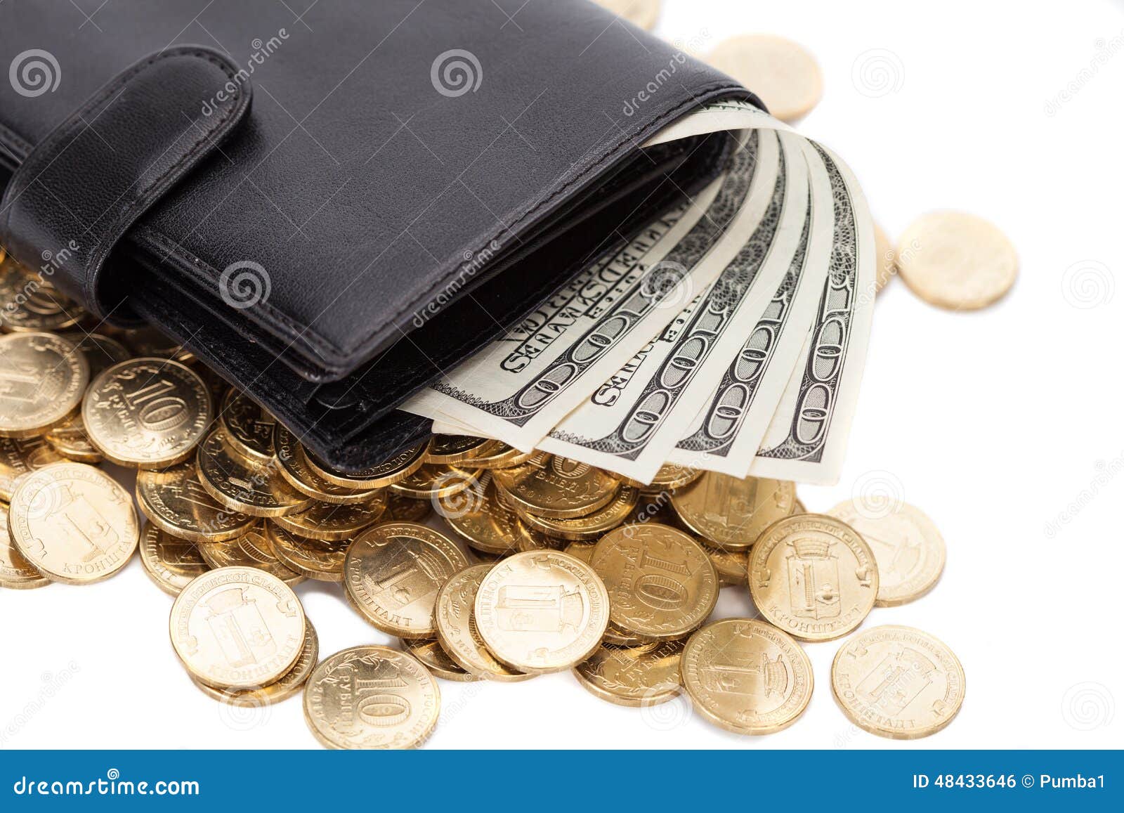 Black Leather Wallet with Dollars and Golden Coins on White Stock Photo ...