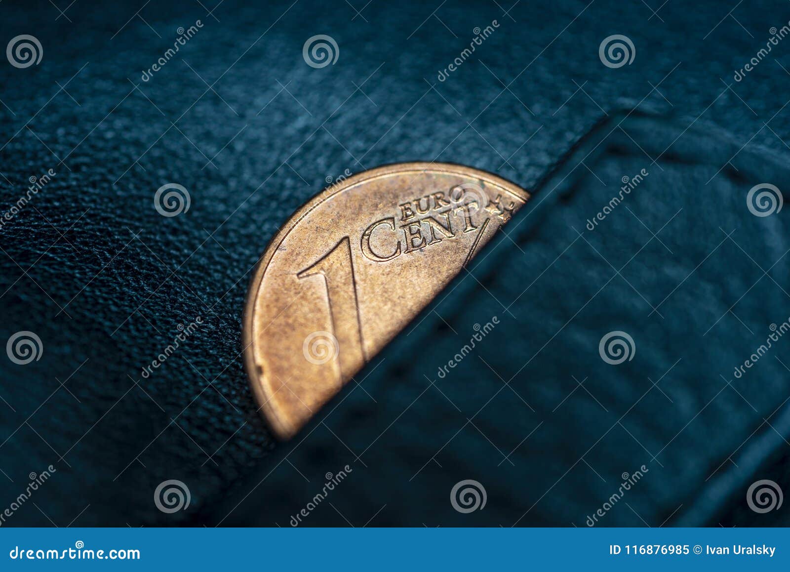 a black leather wallet and one cent of euro, to ize poverty, bankrupt or thrift, frugality and economy
