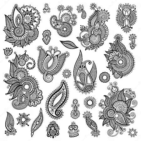 Black Line Art Ornate Flower Design Collection Stock Vector ...