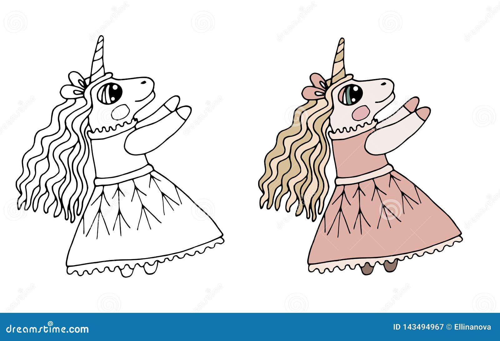 Black Line Child Unicorn with Long Hair in Dress for Coloring Book ...