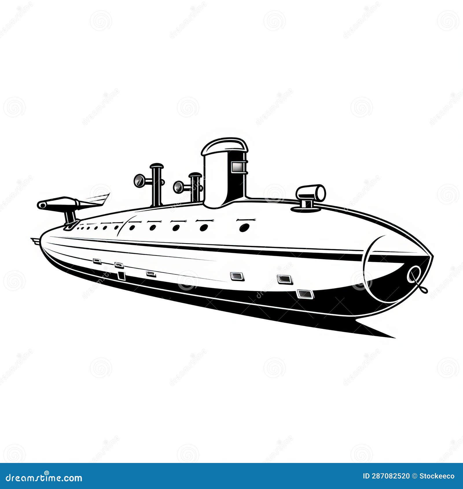 vintage-inspired submarine line art on white background