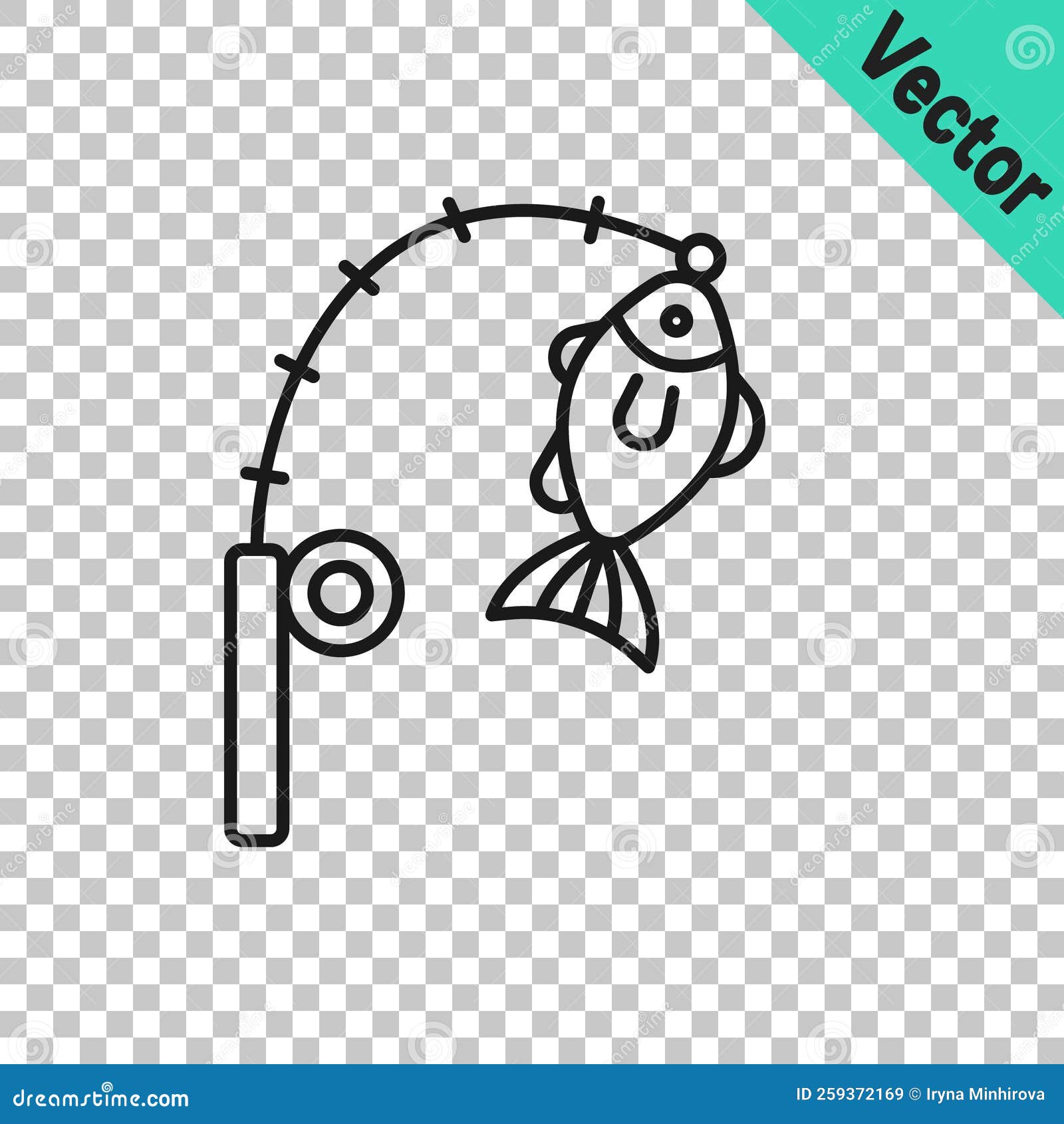 Black Line Fishing Rod and Fish Icon Isolated on Transparent