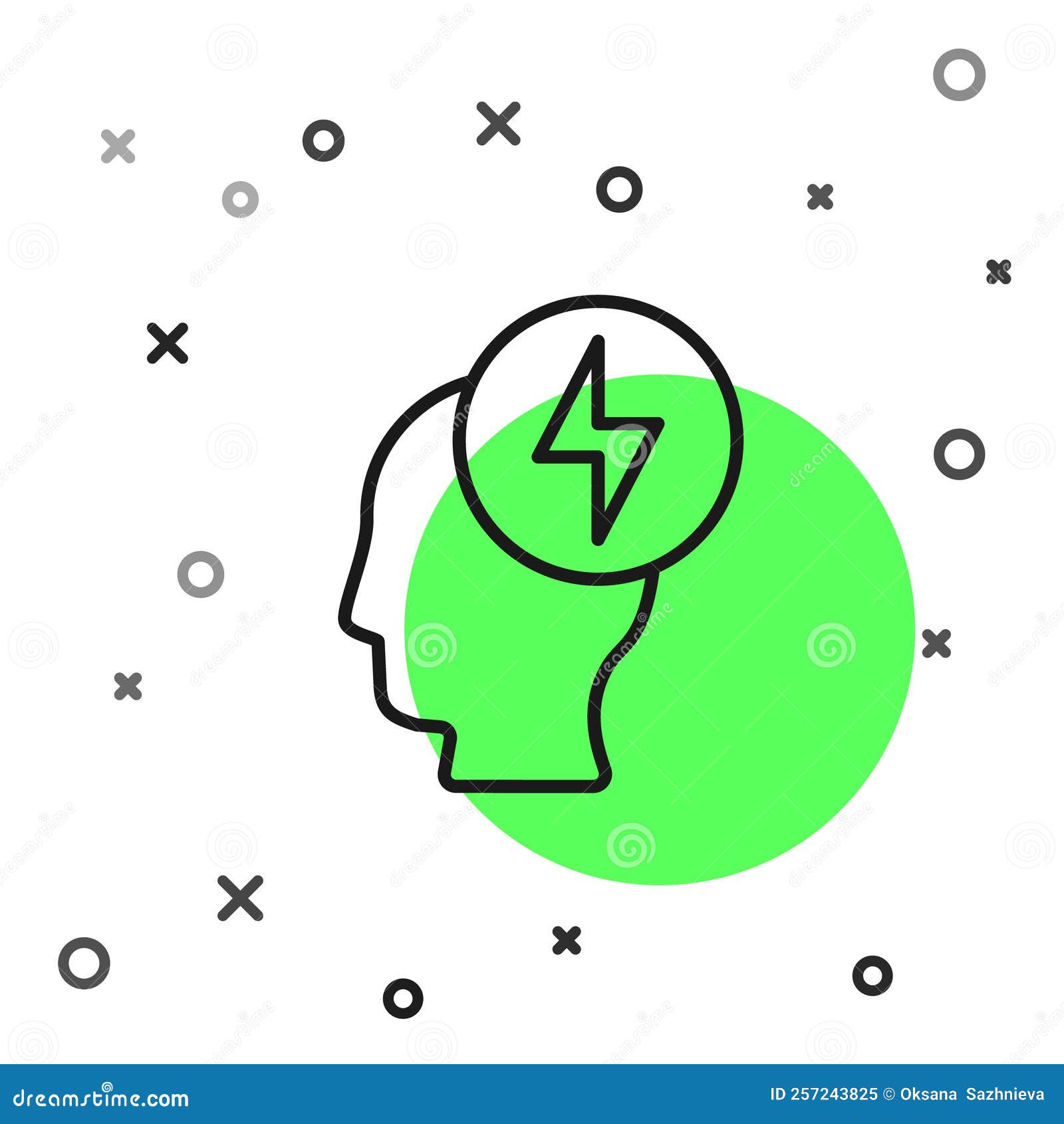 Black Line Human Head and Electric Symbol Icon Isolated on White