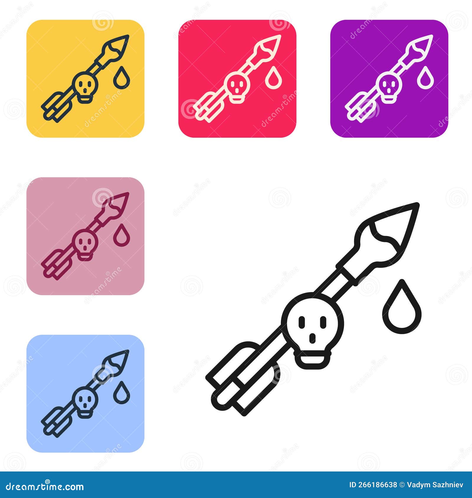 black line poison on the arrow icon  on white background. poisoned arrow. set icons in color square buttons