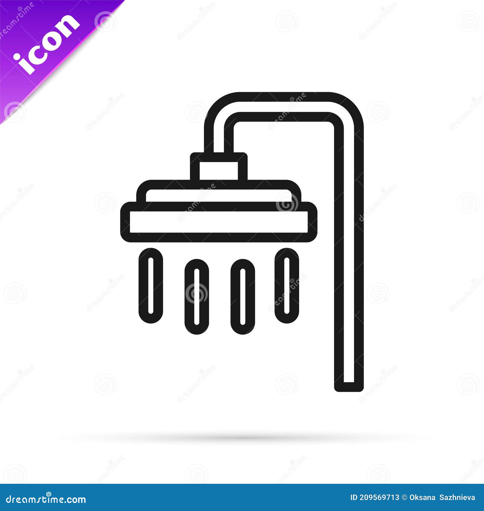 Black Line Shower Head with Water Drops Flowing Icon Isolated on White