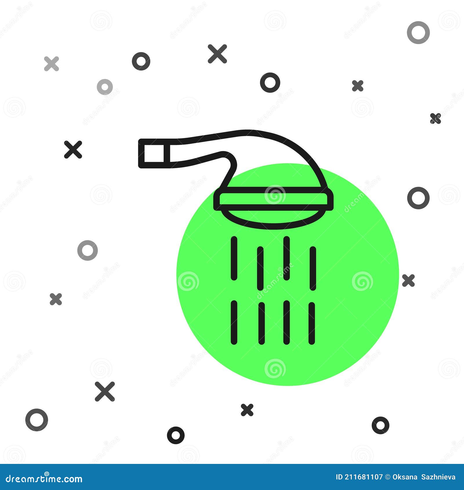 Black Line Shower Head with Water Drops Flowing Icon Isolated on White