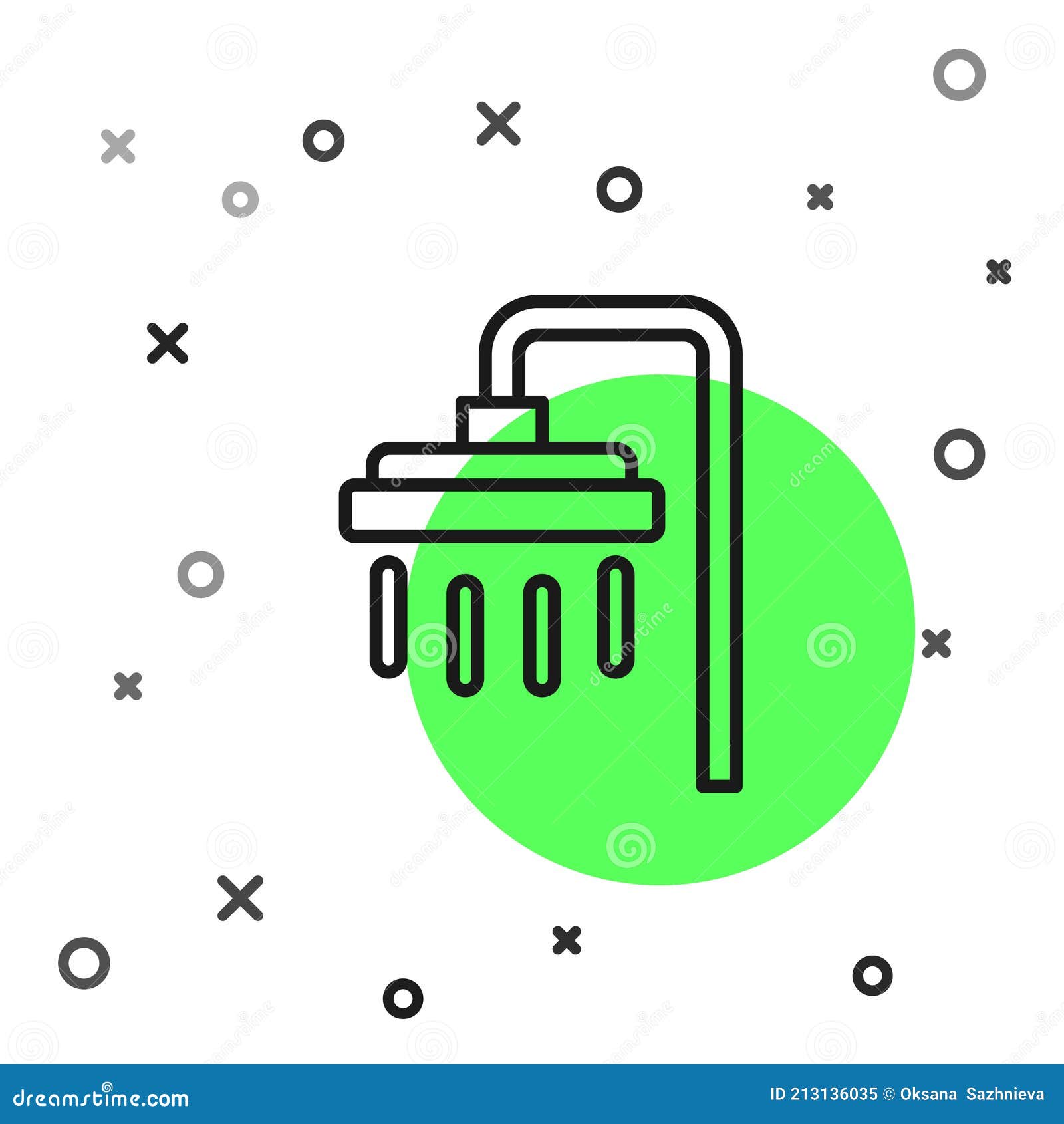 Black Line Shower Head with Water Drops Flowing Icon Isolated on White Background. Vector Stock