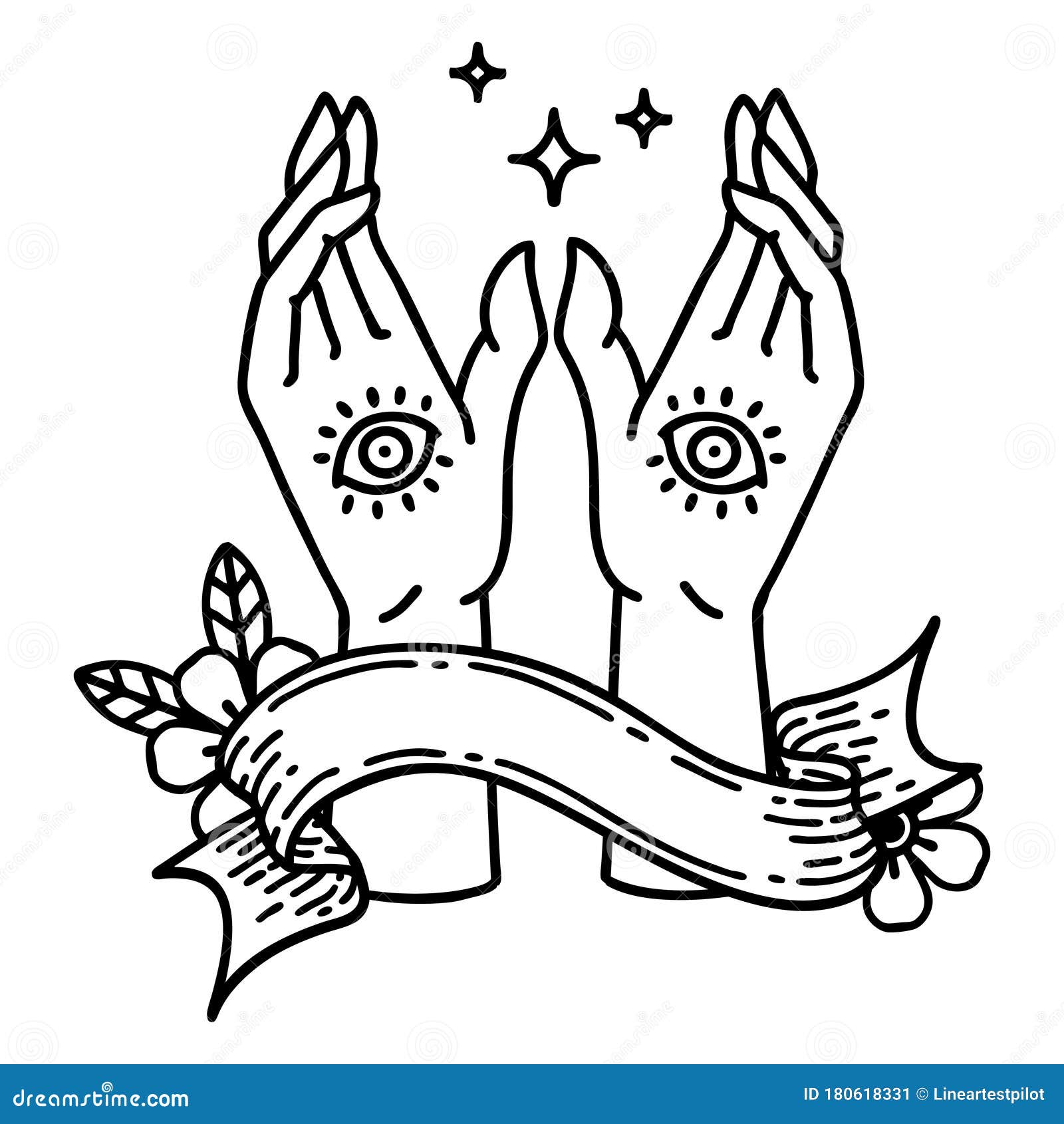 Black Linework Tattoo with Banner of Mystic Hands Stock Vector ...