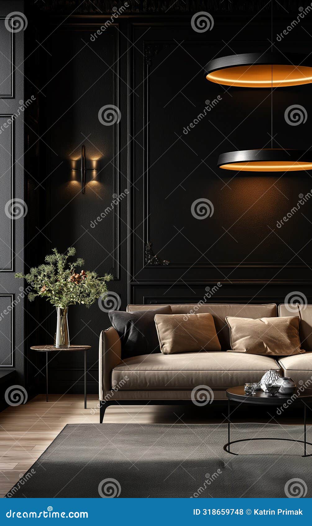 Black Living Room Interior with Sofa, Minimalist Interior Background ...