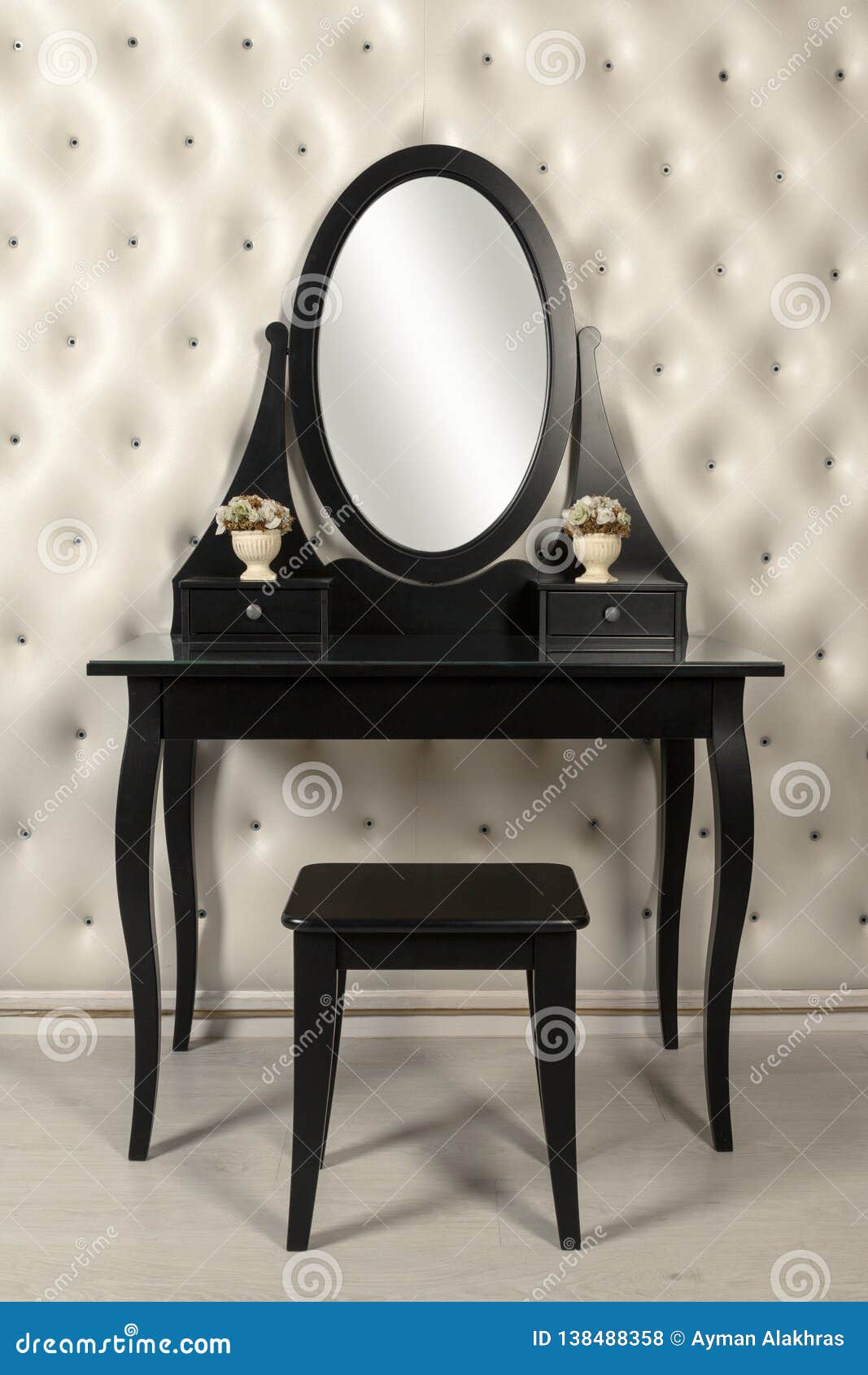 black makeup mirror vanity with leather wall