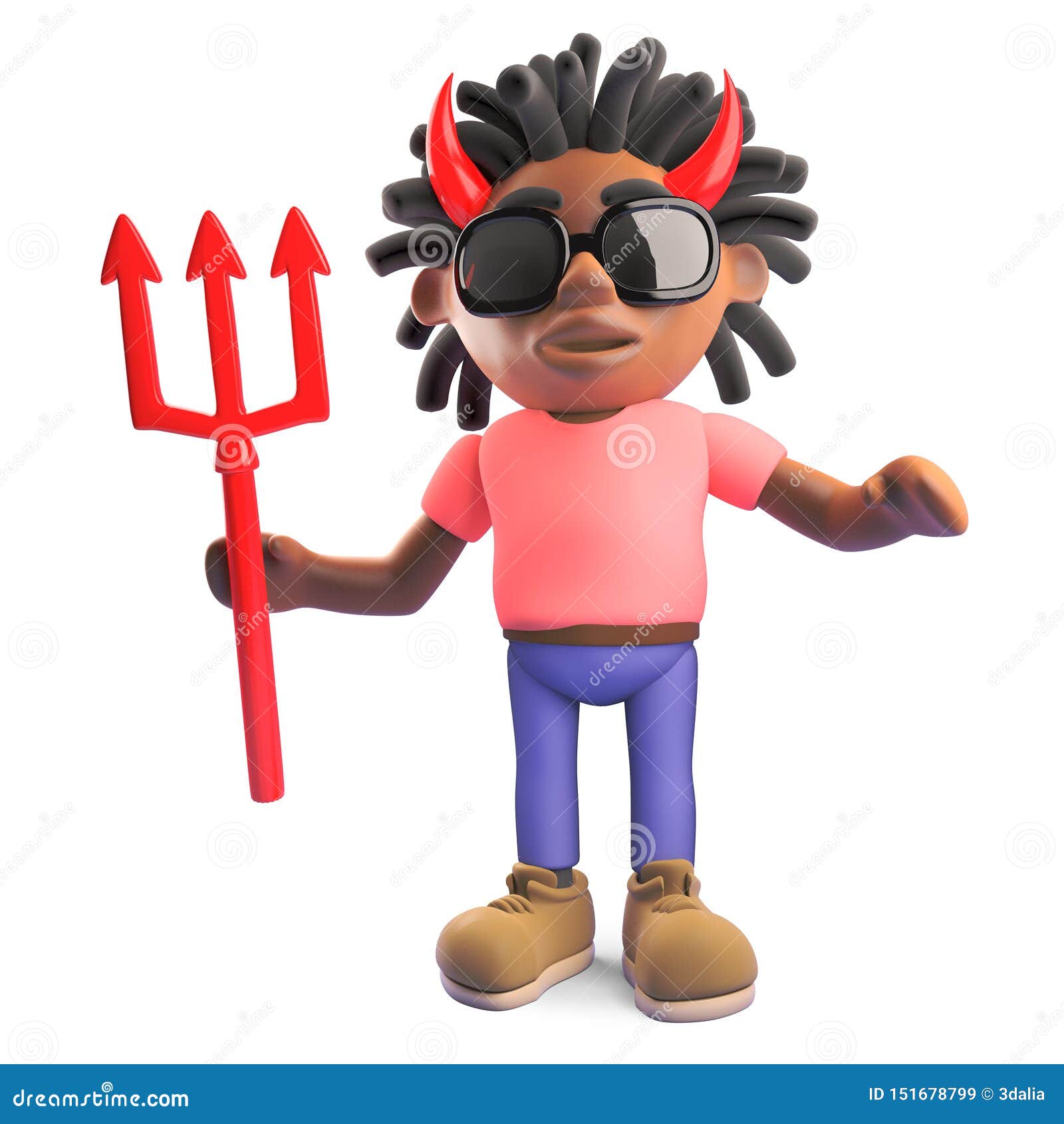 Black Man with Dreadlocks Wearing Devil Horns Holding a Trident, 3d