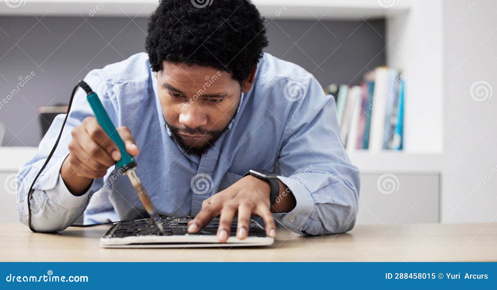 Black Man, Soldering Iron and Fixing Circuit Board, Computer Hardware