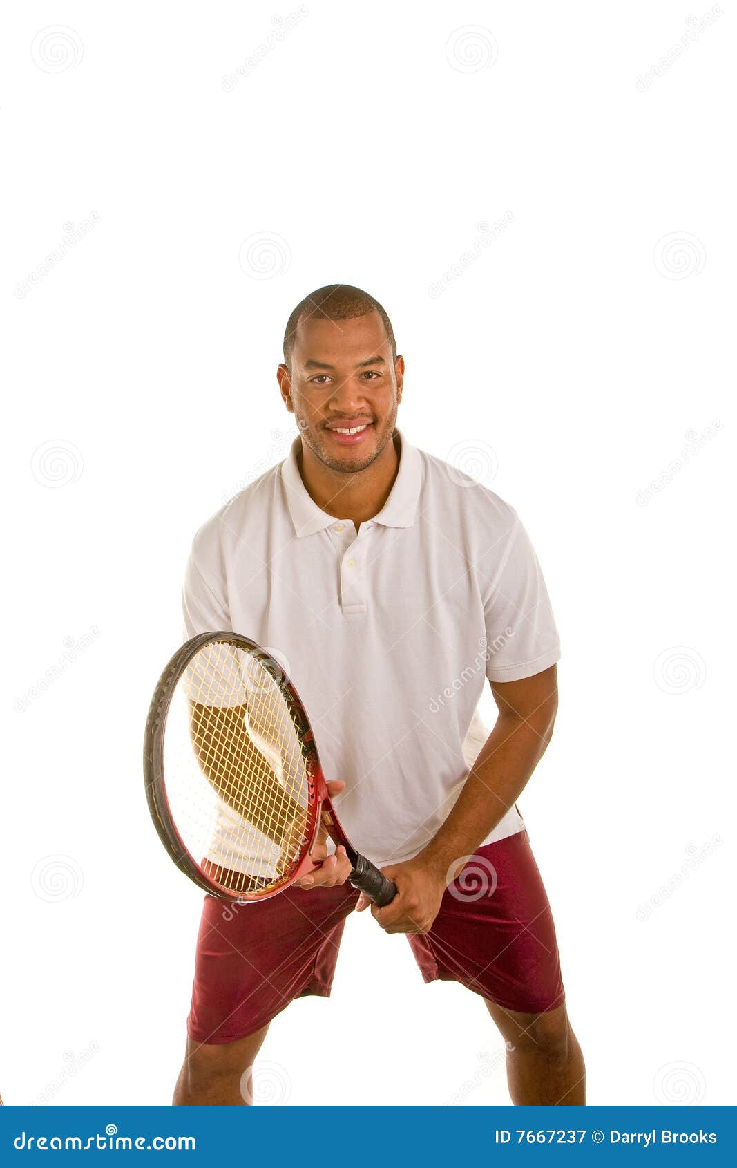 Black Man in White Shirt in Tennis Stance Stock Image Image of handsome, looking 7667237