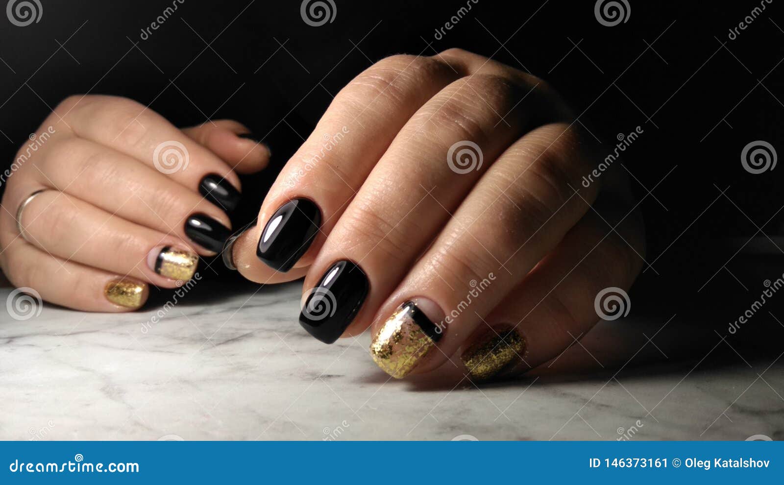 Black Manicure with Gold Design Stock Image - Image of female, beauty ...