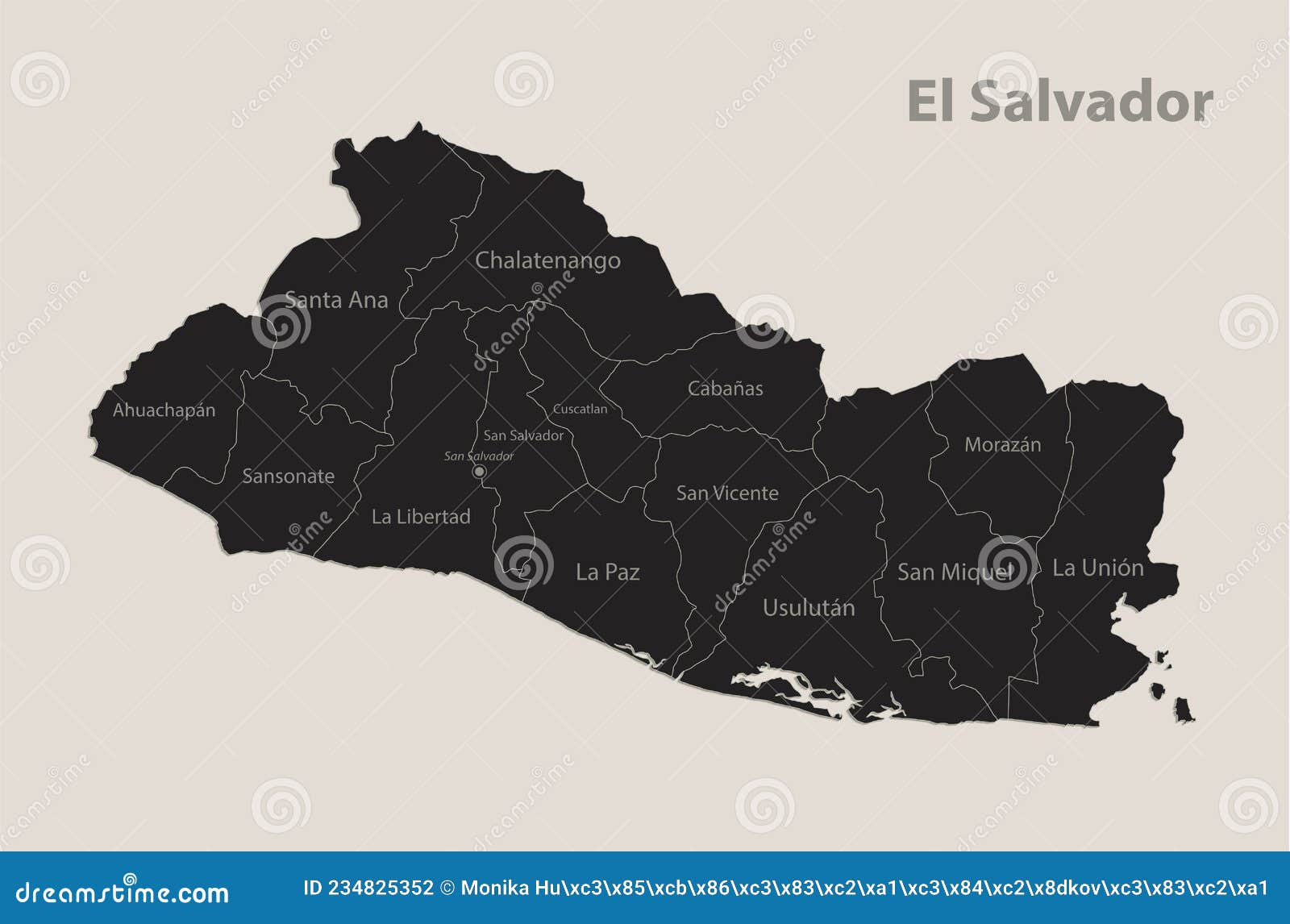 Black Map of El Salvador with Names of Regions, Design Blackboard Stock