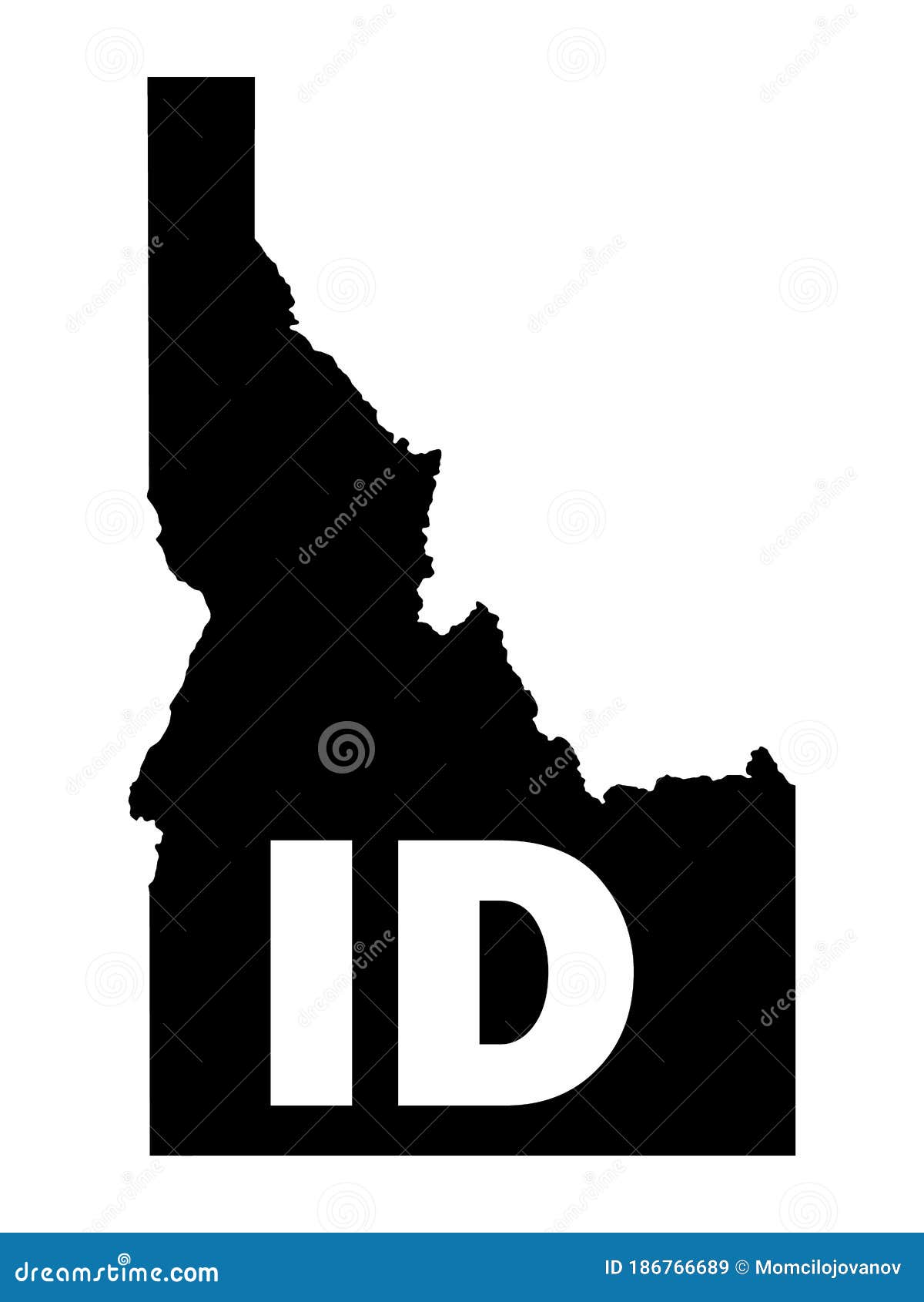 Black Map of Idaho with Postal Code Abbreviation Stock Vector
