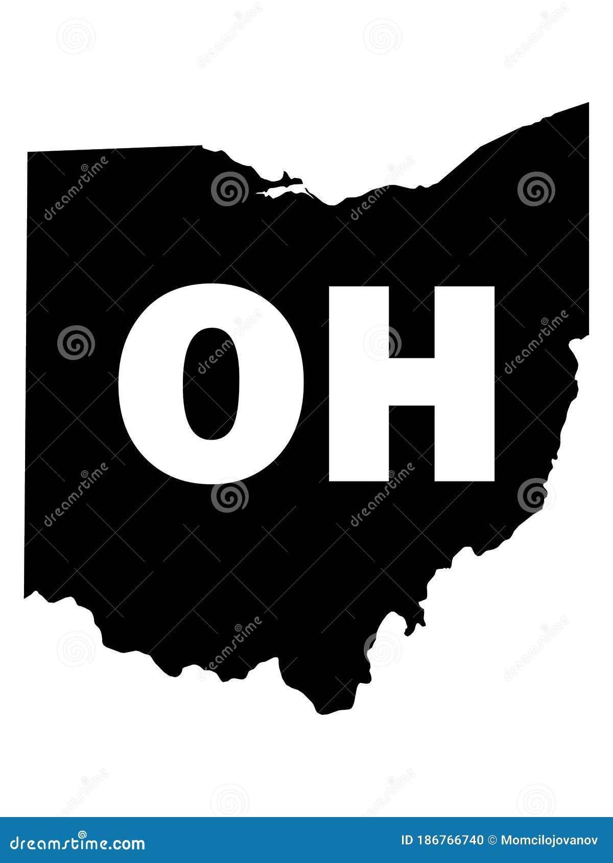 Black Map of Ohio with Postal Code Abbreviation Stock Vector