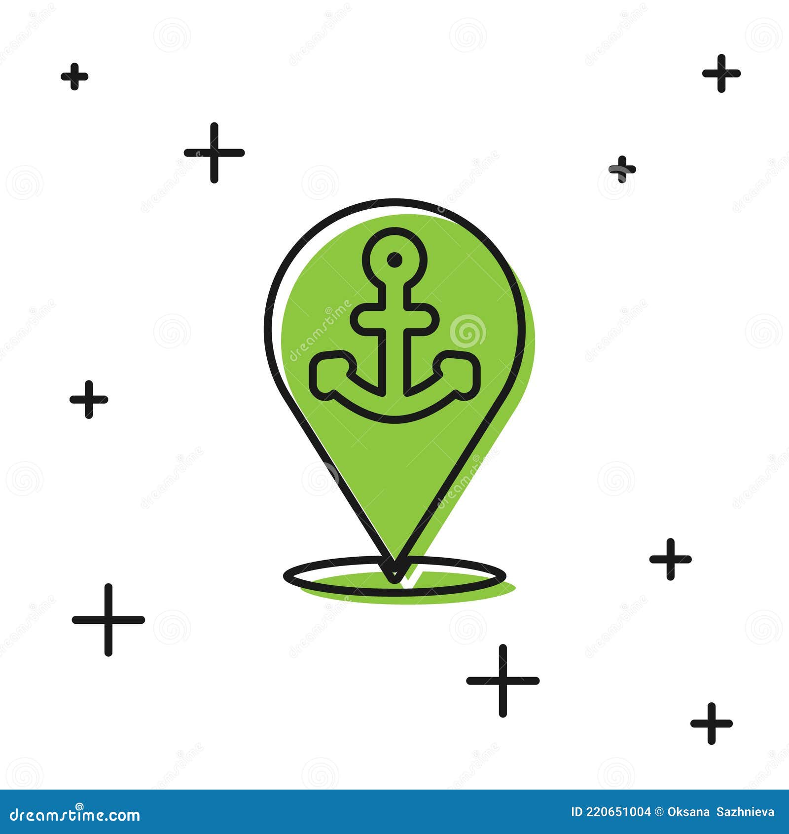 Black Map Pointer with Anchor Icon Isolated on White Background. Vector