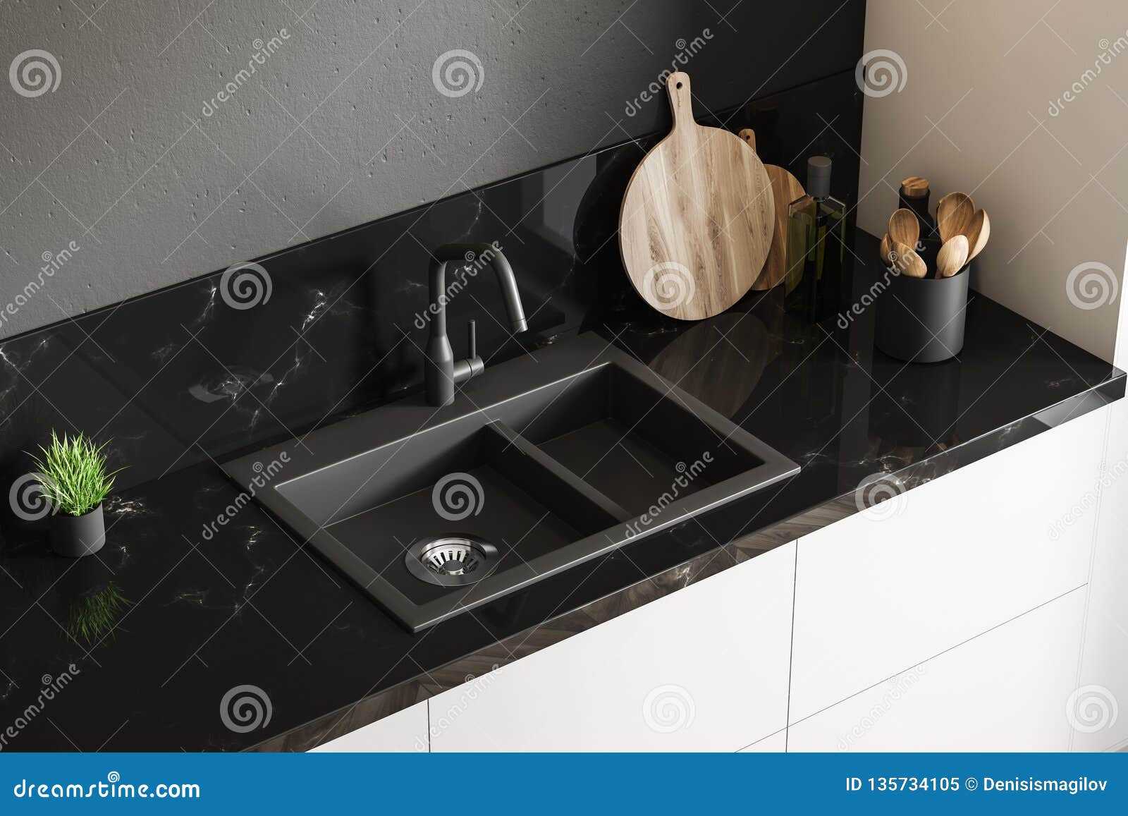 Black Marble Kitchen Sink Top View Stock Illustration