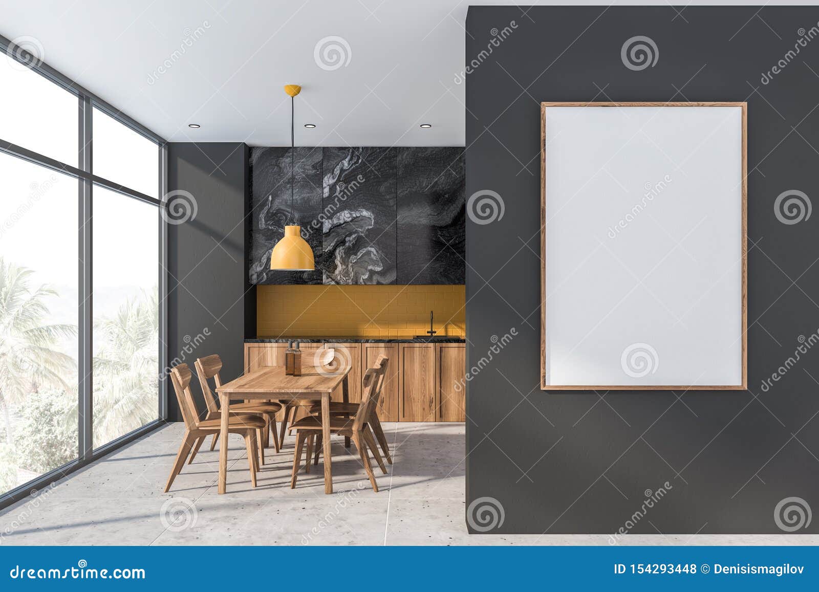 Black Marble And Yellow Kitchen With Poster Stock Illustration