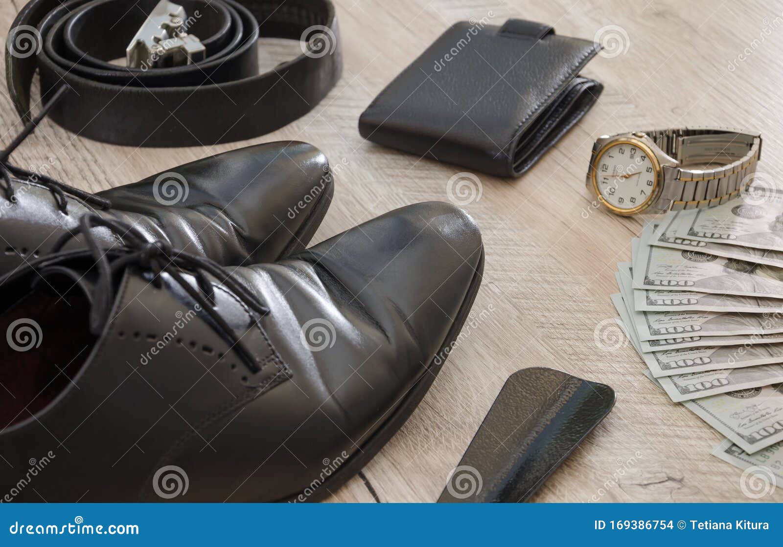 Black Men`s Shoes with Accessories for Care. Shoes, Dollars, Belt ...