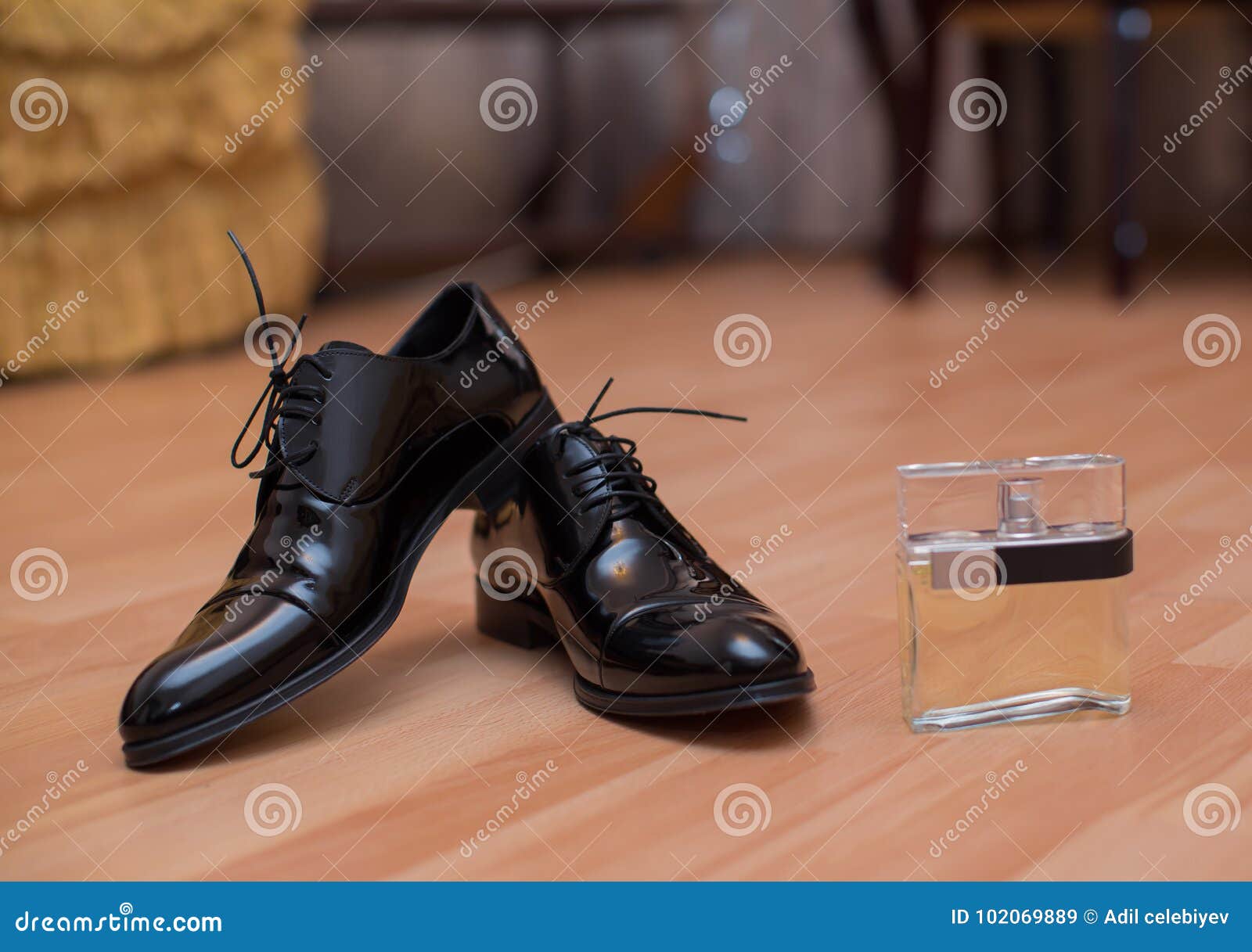 Black Men`s Shoes and Perfume for Wedding Preparation Stock Image ...