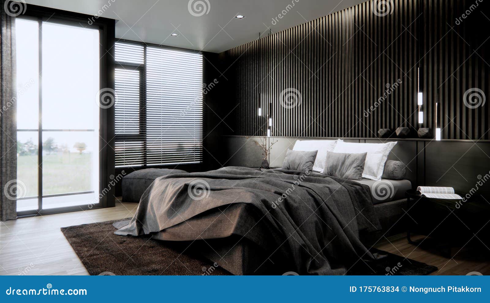 Black Modern Bedroom Interior Design With Furniture 3d Rendering