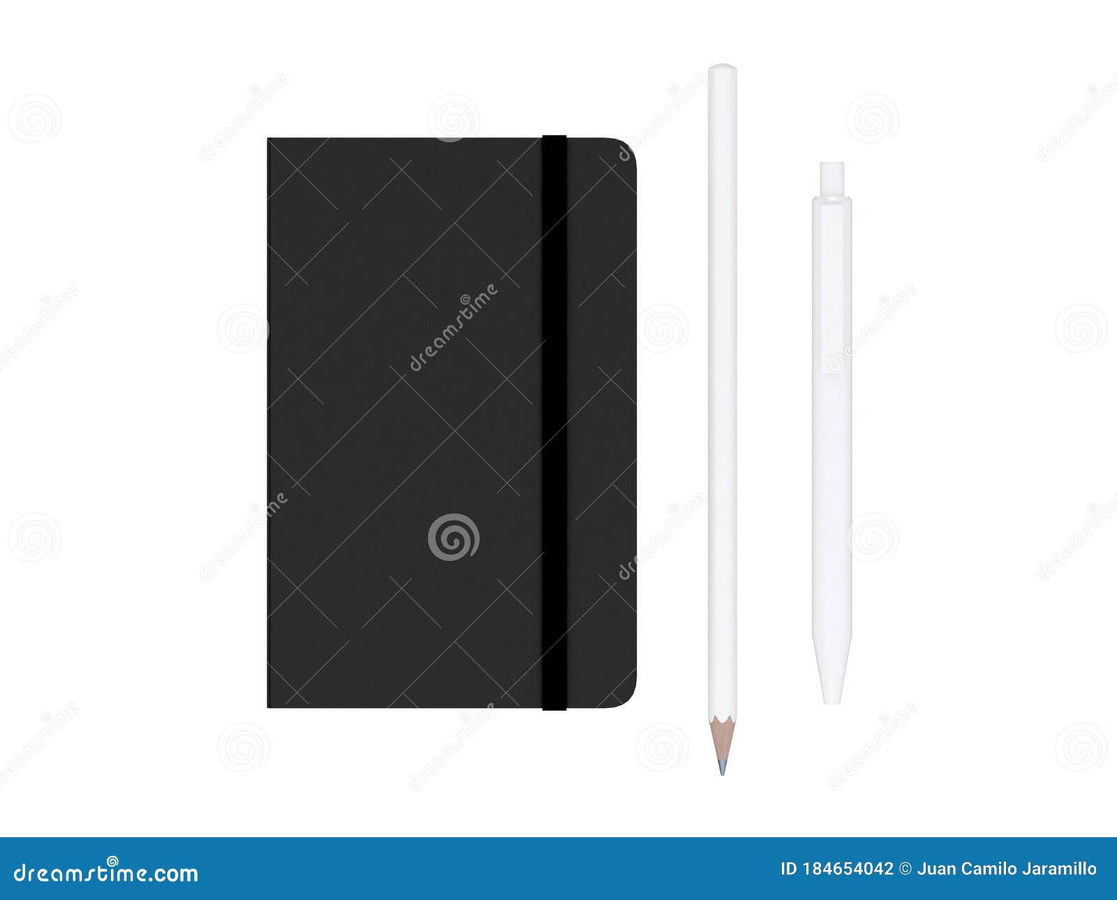 black moleskine with pen and pencil and a black strap front or top view  on a white background 3d rendering
