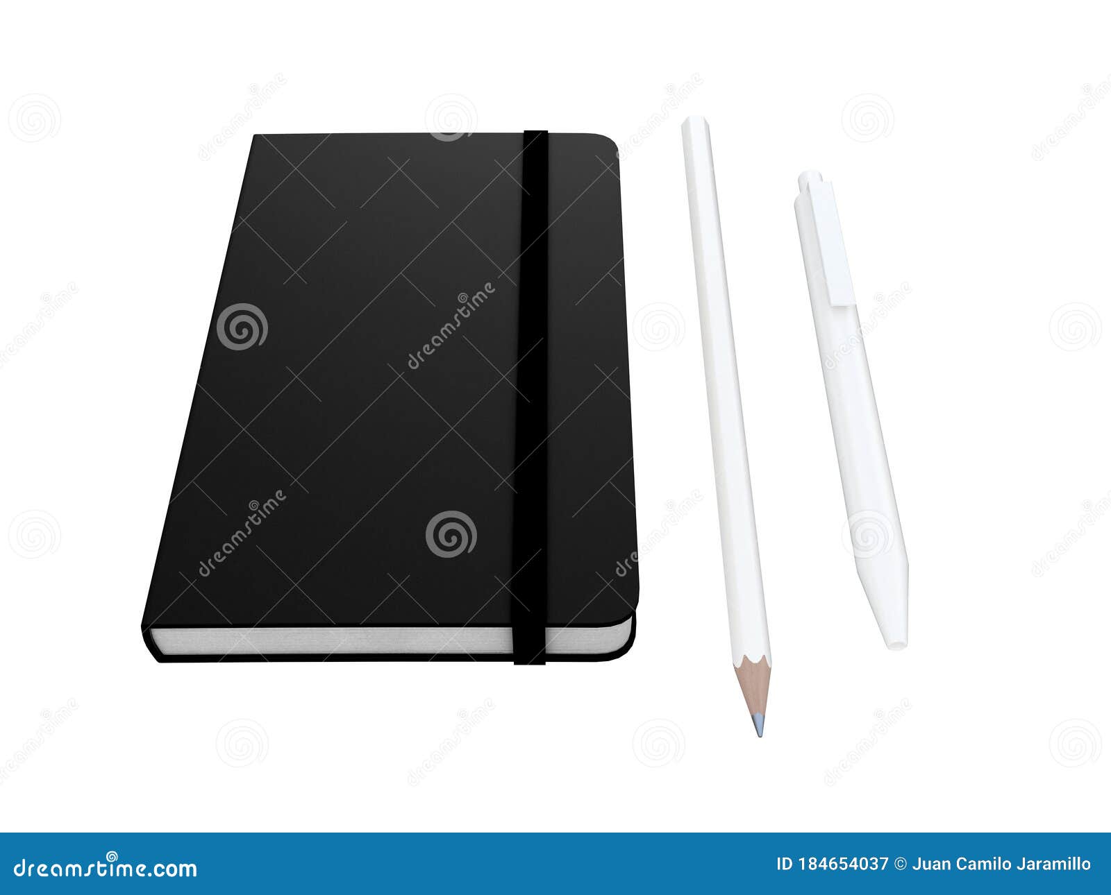 black moleskine with pen and pencil and a black strap front or top view  on a white background 3d rendering