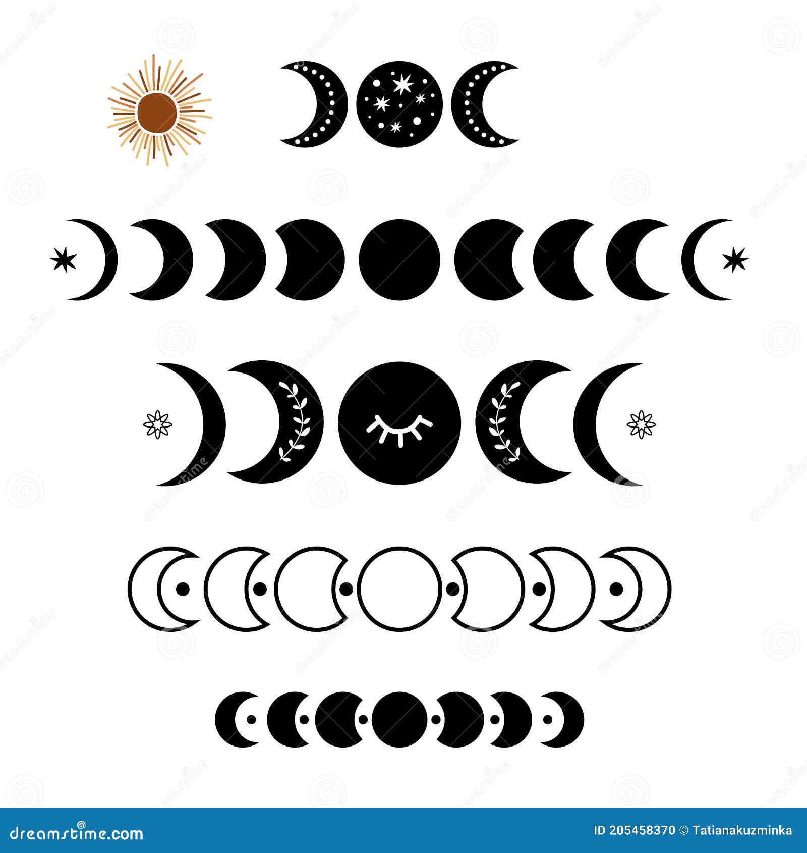 black moon phase logo set. boho moon . black moon cycle. full moon, half moon . celestial icon graphic 
