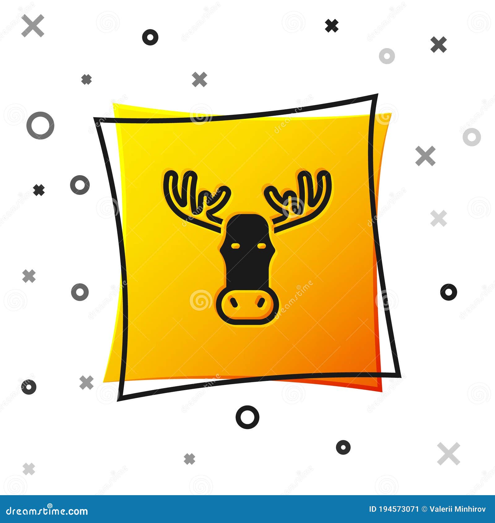 black moose head with horns icon  on white background. yellow square button. 